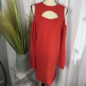 Boston Proper Womens M Cold Shoulder Long Sleeve Cut Out Red Mini Sweater Dress